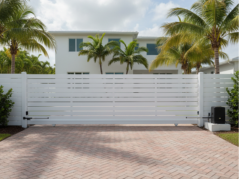 White horizontal slat driveway gate
