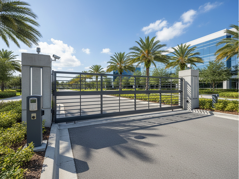 Aluminum sliding gate with access control post