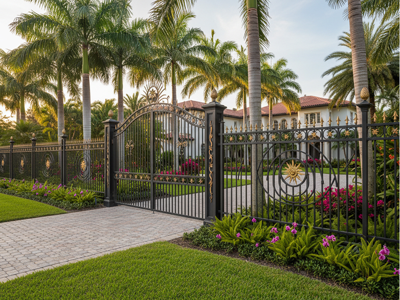Black aluminum driveway gate with landscaping