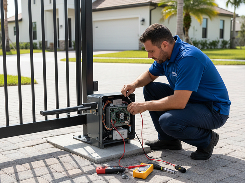Technician repairing a gate operator