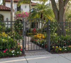 Black aluminum garden gate with tropical landscaping
