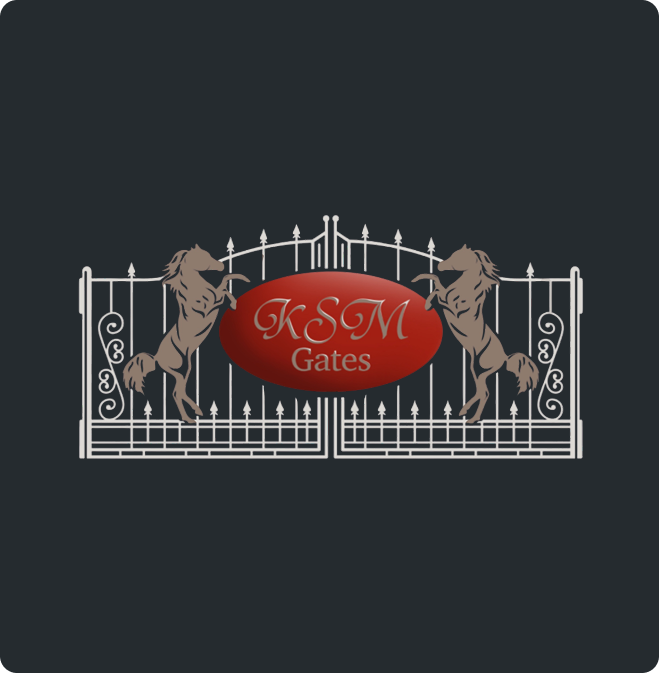 Custom ornamental gate design with a KSM Gates emblem