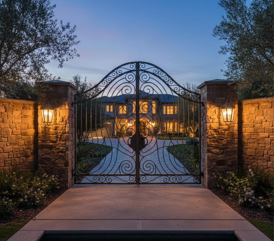 Arched wrought iron gate lit at night