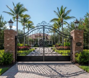 Arched wrought iron driveway gate between brick columns
