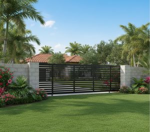 Black slat driveway gate at a Florida home