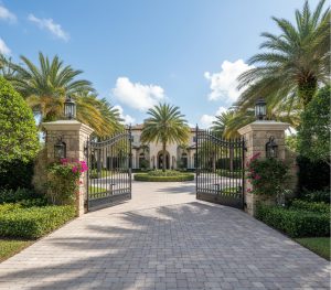 Double aluminum driveway gate with paver driveway