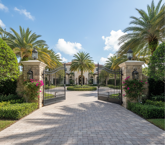 Double aluminum driveway gate with paver driveway