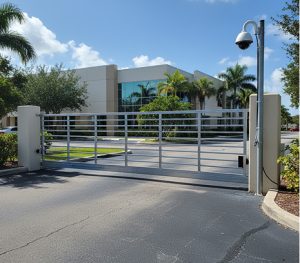 Commercial aluminum sliding gate with access keypad