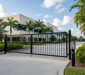 Commercial sliding security gate at an office entrance