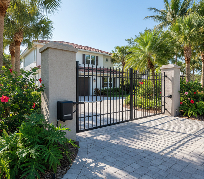 Black aluminum swing gate at a paver driveway