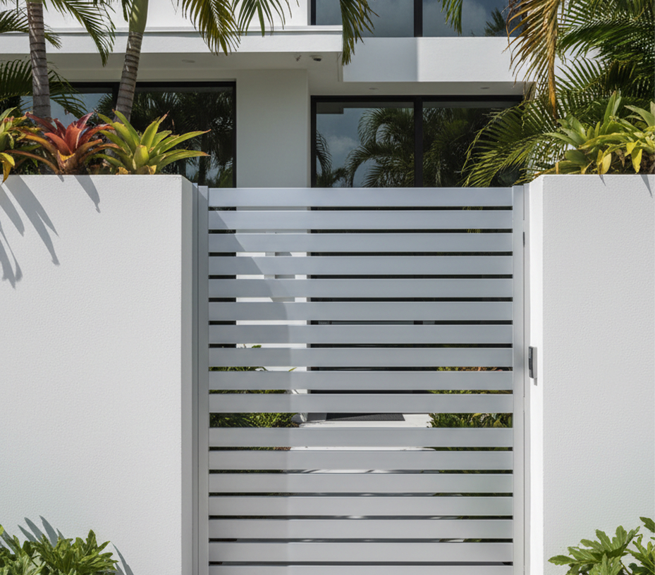 White horizontal slat pedestrian gate