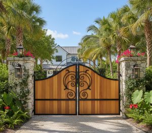 Arched wood and iron driveway gate