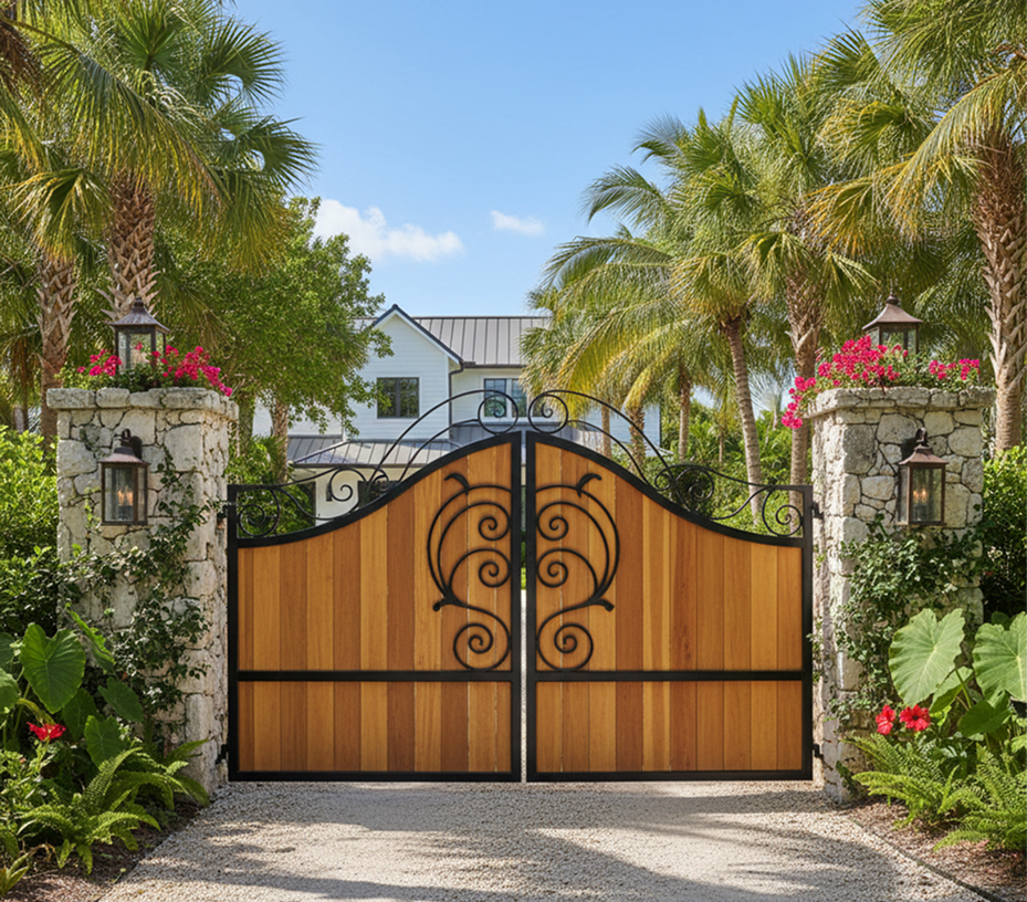 Arched wood and iron driveway gate