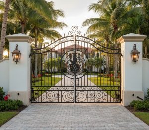 Arched wrought iron driveway gate with lantern pillars