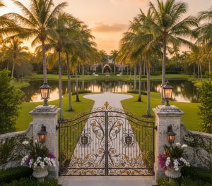 Ornamental wrought iron gate at sunset