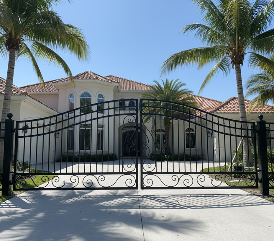 Black aluminum estate gate in front of a large home