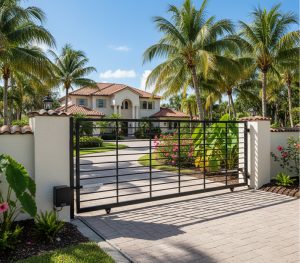 Black aluminum driveway gate at a Mediterranean home