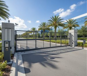Aluminum sliding gate with access control post
