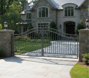 Black metal driveway gate at a stone home