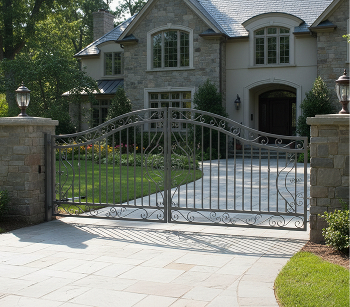 Black metal driveway gate at a stone home