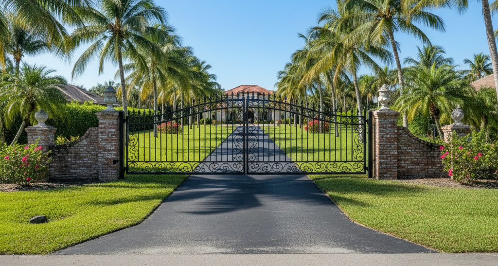 Automatic estate gate at the end of a palm-lined driveway