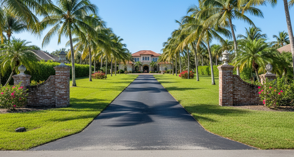 Automatic estate gate at the end of a palm-lined driveway