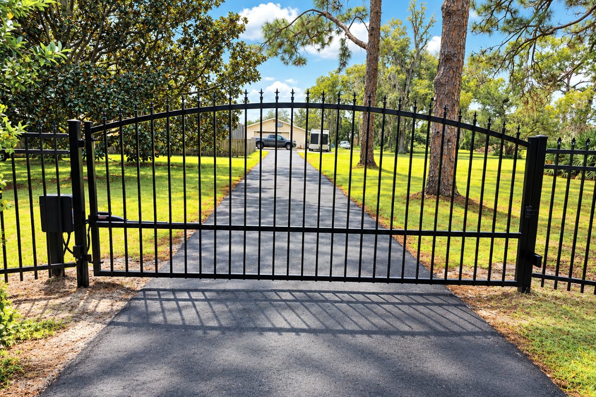 12 ft black aluminum arched spear-top single swing driveway gate with automatic opener