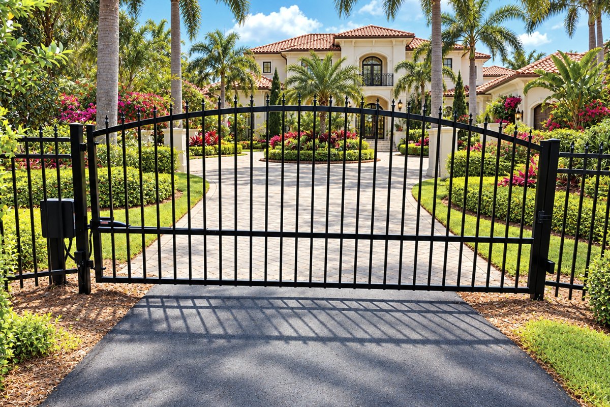 14 ft black aluminum arched single swing driveway gate with opener at a Florida estate home