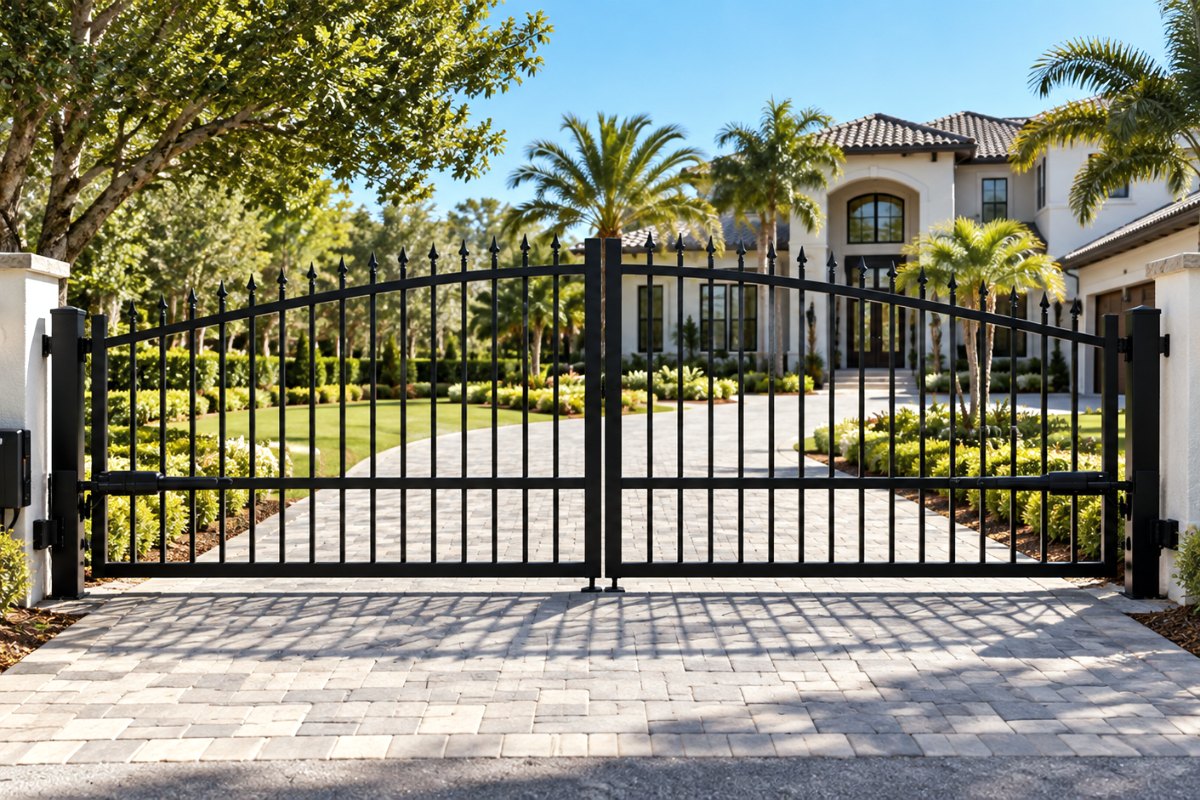 14 ft black aluminum dual swing arched driveway gate with dual automatic openers between stucco pillars