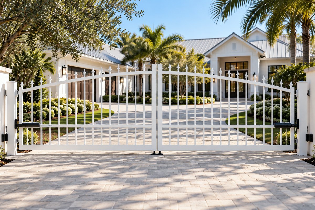 16 ft white aluminum dual swing arched driveway gate with dual automatic openers