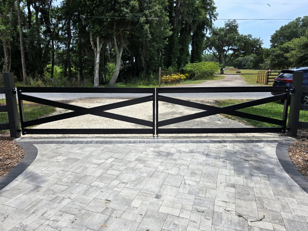 Black X-Brace Ranch Gate installed by KSM Gates in the Tampa Bay area